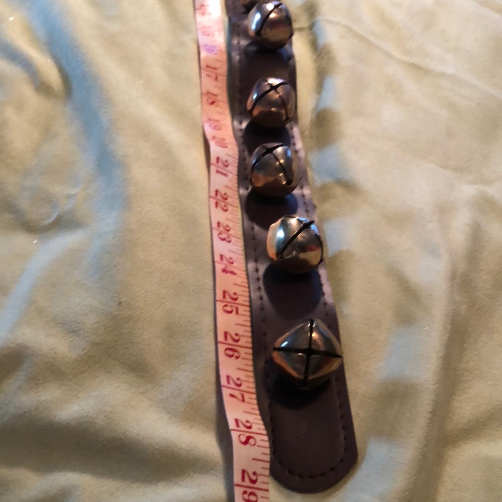 Sleigh bells on a 28” leather strap/ metal bells attached by plastic cord